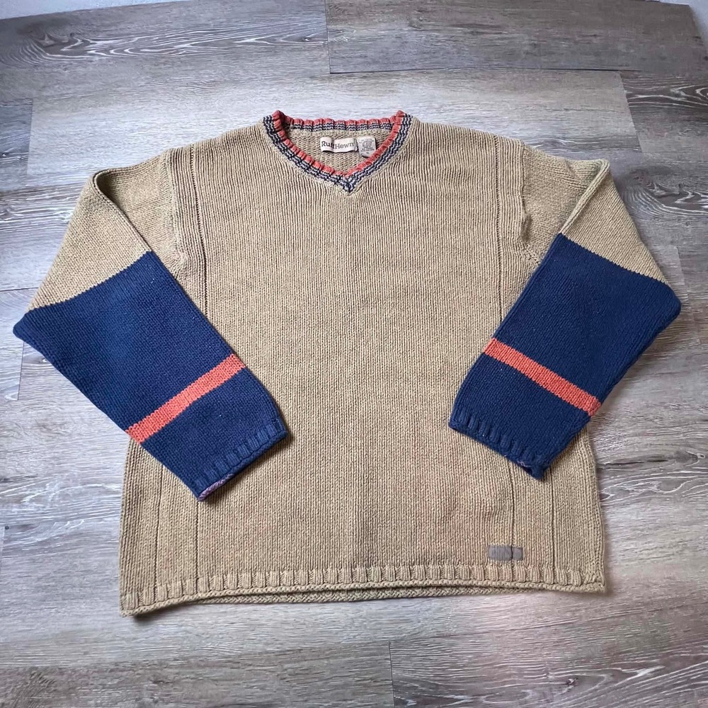 Ruff Hewn Sweater Mens XL Tan Navy Blue Orange Striped V-Neck Chunky Knit AP22
